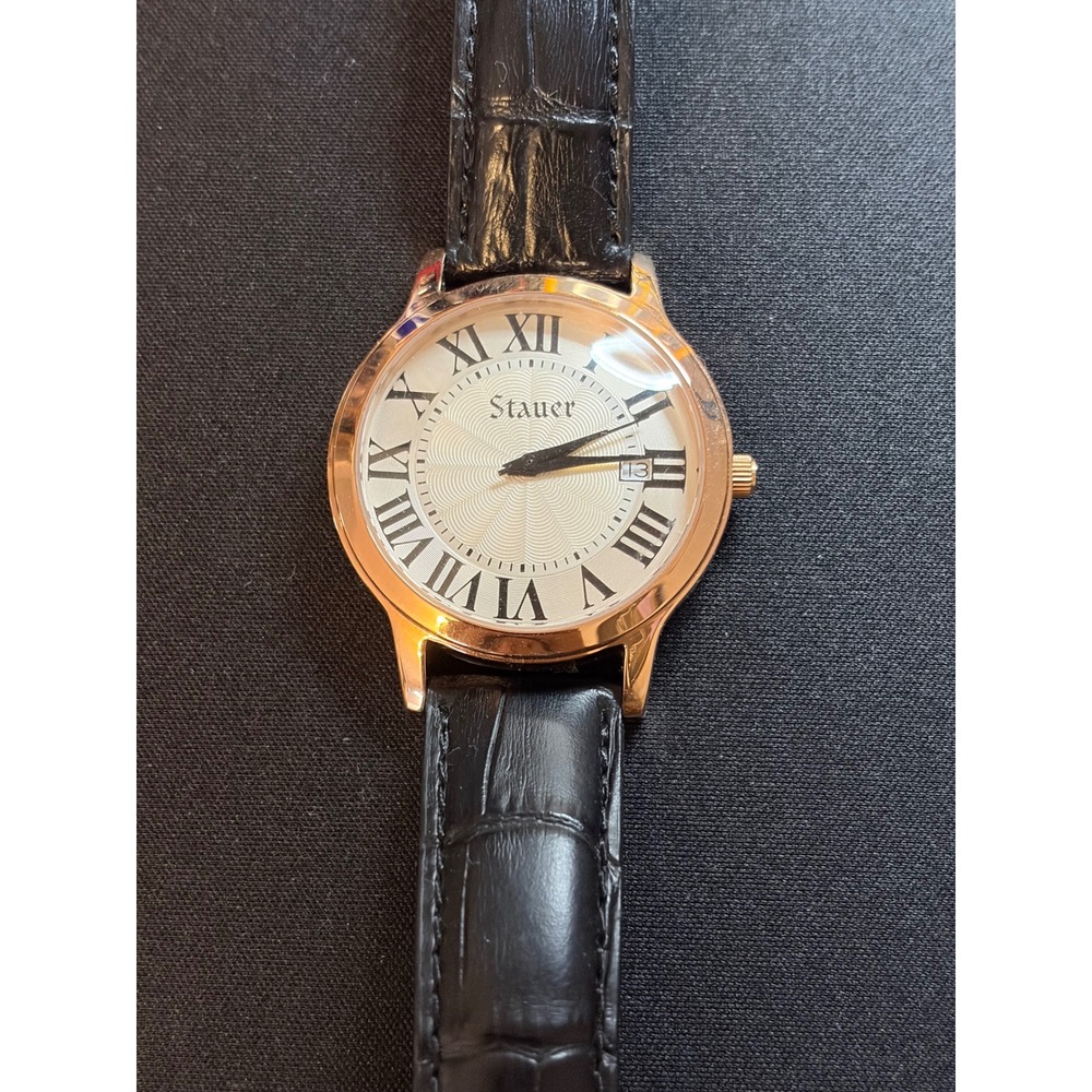 Stauer Wristwatch Mens Gold Black Leather Roman Numeral Date Swiss Quartz 98167G
